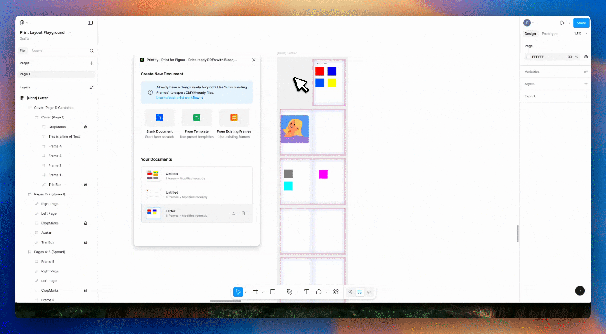 Print for Figma Demo - CMYK conversion, spot colors, and overprint settings